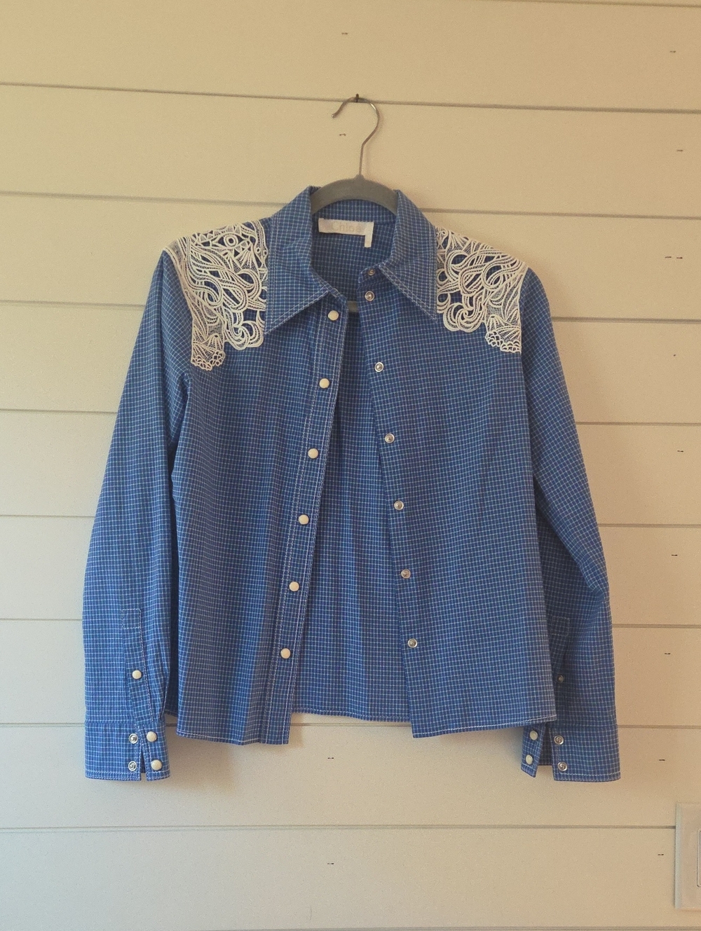 Chloé Blue Check Lace-Shoulder Shirt Size 38/4 - Picture 2 of 5
